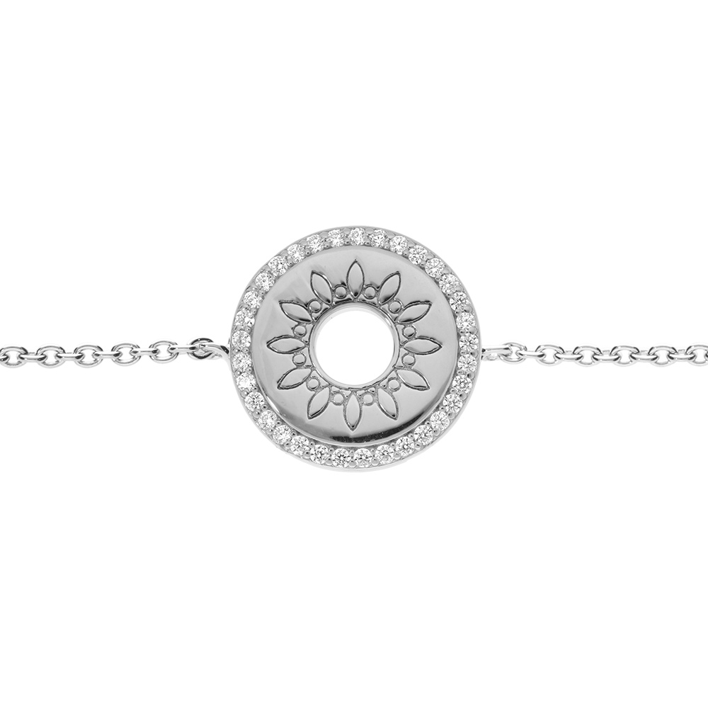 Bracelet en argent rhodi�, disque motif soleil �vid� entourage oxydes blancs 16+2cm - Vue 1