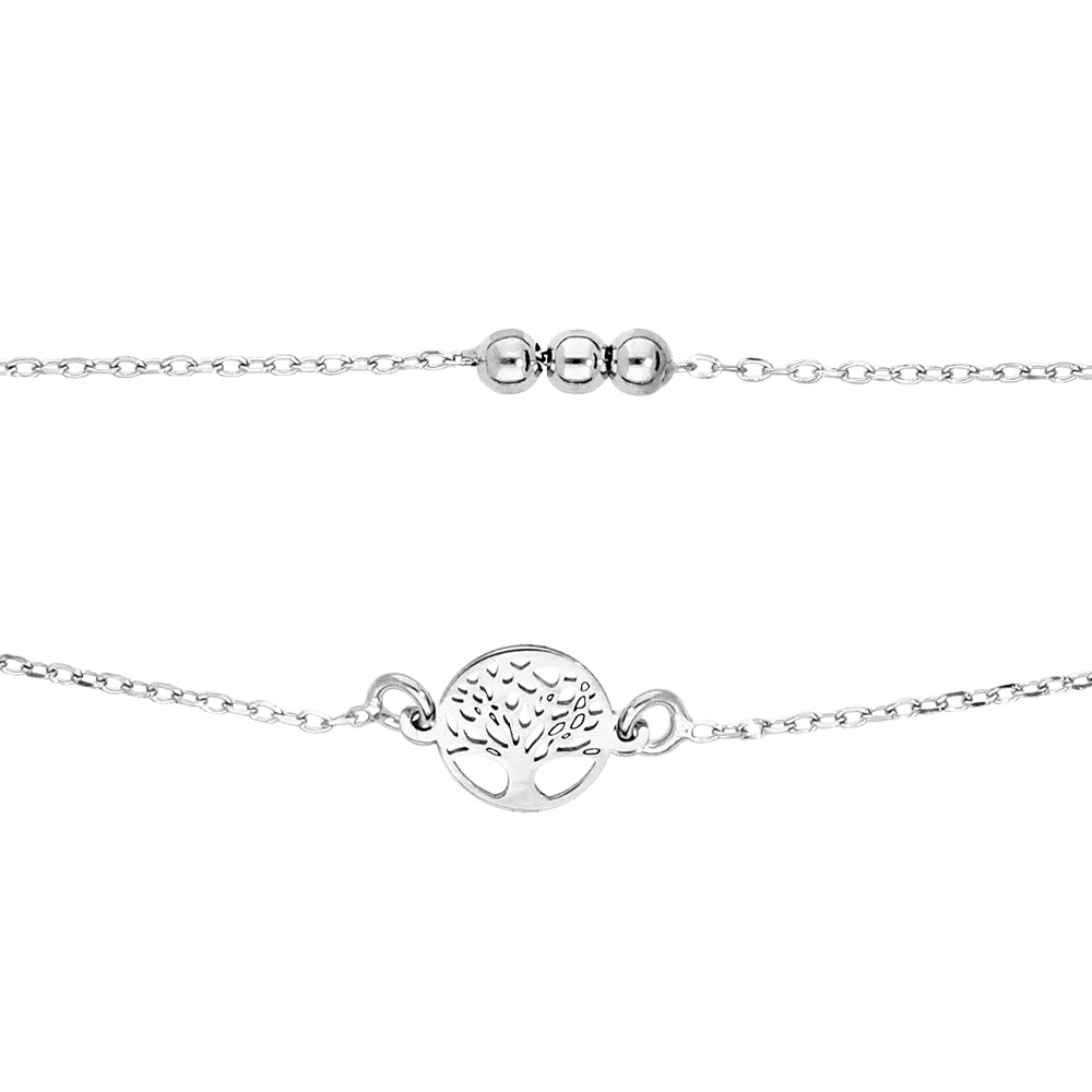Bracelet en argent rhodi� double cha�ne arbre de vie et boules 16+3cm - Vue 1