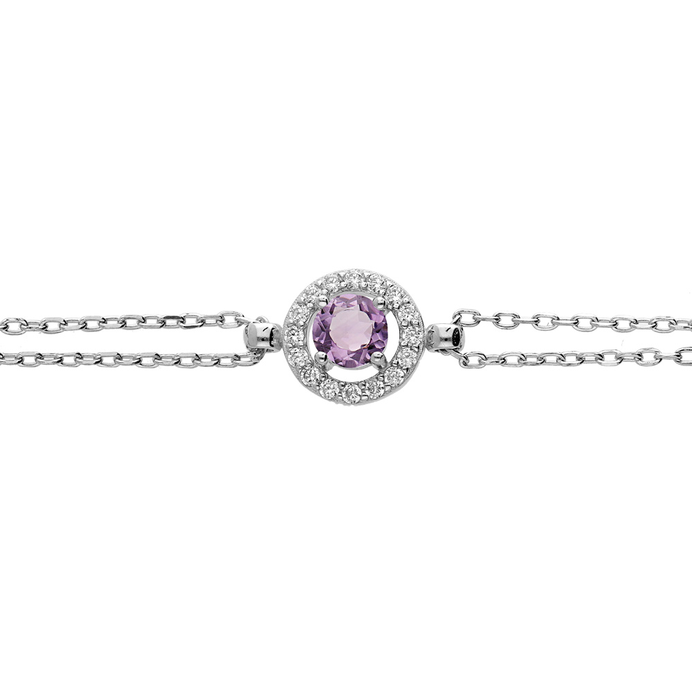Bracelet en argent rhodi� double cha�ne avec Amethyste v�ritable et contour oxydes blancs sertis 16+3cm - Vue 1