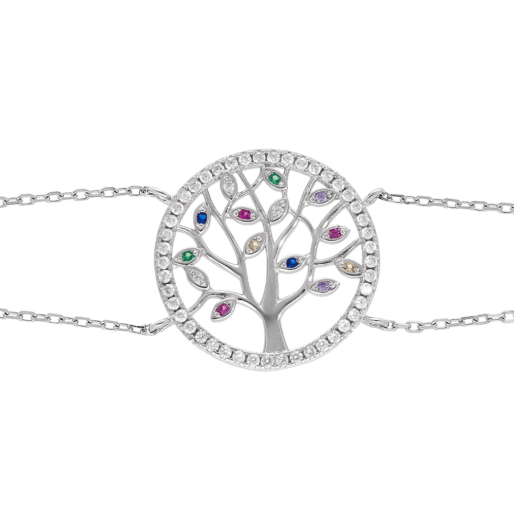 Bracelet en argent rhodi� double cha�ne avec arbre de vie multicouleurs contour oxydes blancs sertis 15+2cm - Vue 1