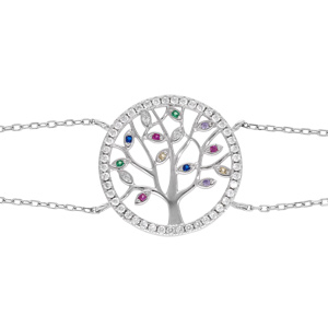 Bracelet en argent rhodi double chane avec arbre de vie multicouleurs contour oxydes blancs sertis 15+2cm - Vue 1