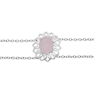 Bracelet en argent rhodi double chane avec motif fleur et pierre rose 16+3cm - Vue 1