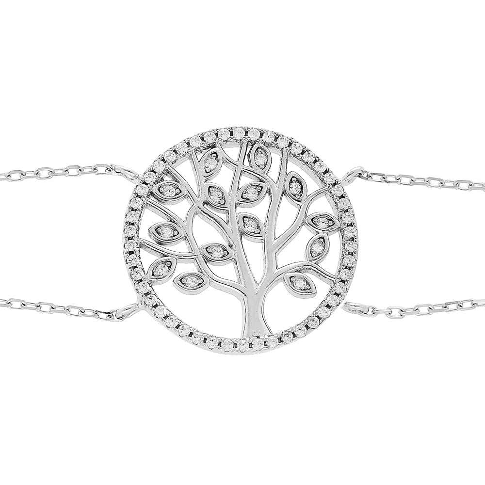 Bracelet en argent rhodi� double cha�ne avec pastille arbre de vie oxydes blancs et contour oxydes blancs sertis 18cm r�glable 17 et 16 - Vue 1