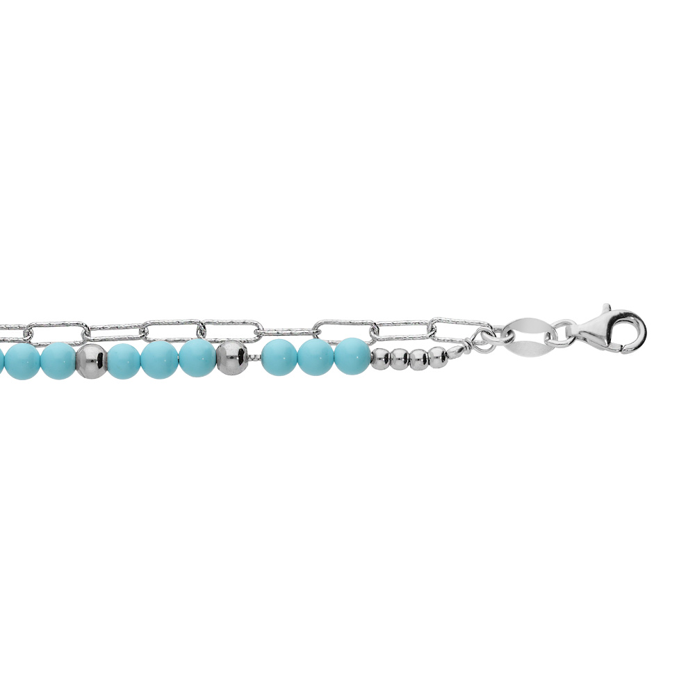 Bracelet en argent rhodi� double cha�ne avec perles bleues et mailles rectangles 15+3cm - Vue 1