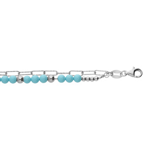 Bracelet en argent rhodi double chane avec perles bleues et mailles rectangles 15+3cm - Vue 1