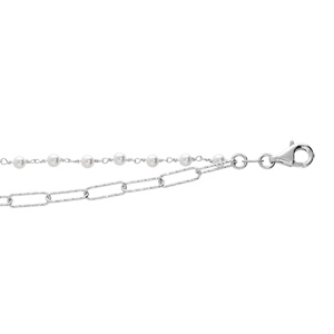 Bracelet en argent rhodi double chane maille rectangulaire et orne de perles blanches 15+3cm - Vue 1