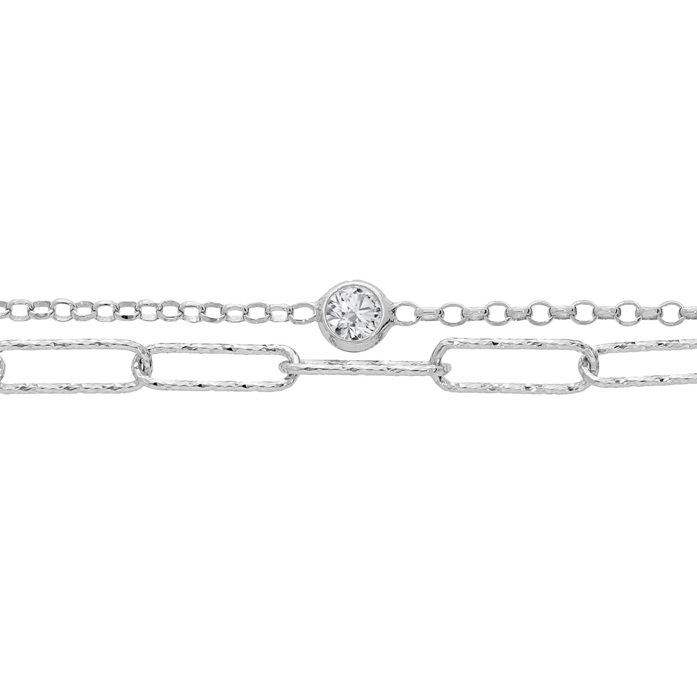 Bracelet en argent rhodi� double cha�ne mailles rectangulaires et maille fine 16+3cm - Vue 1
