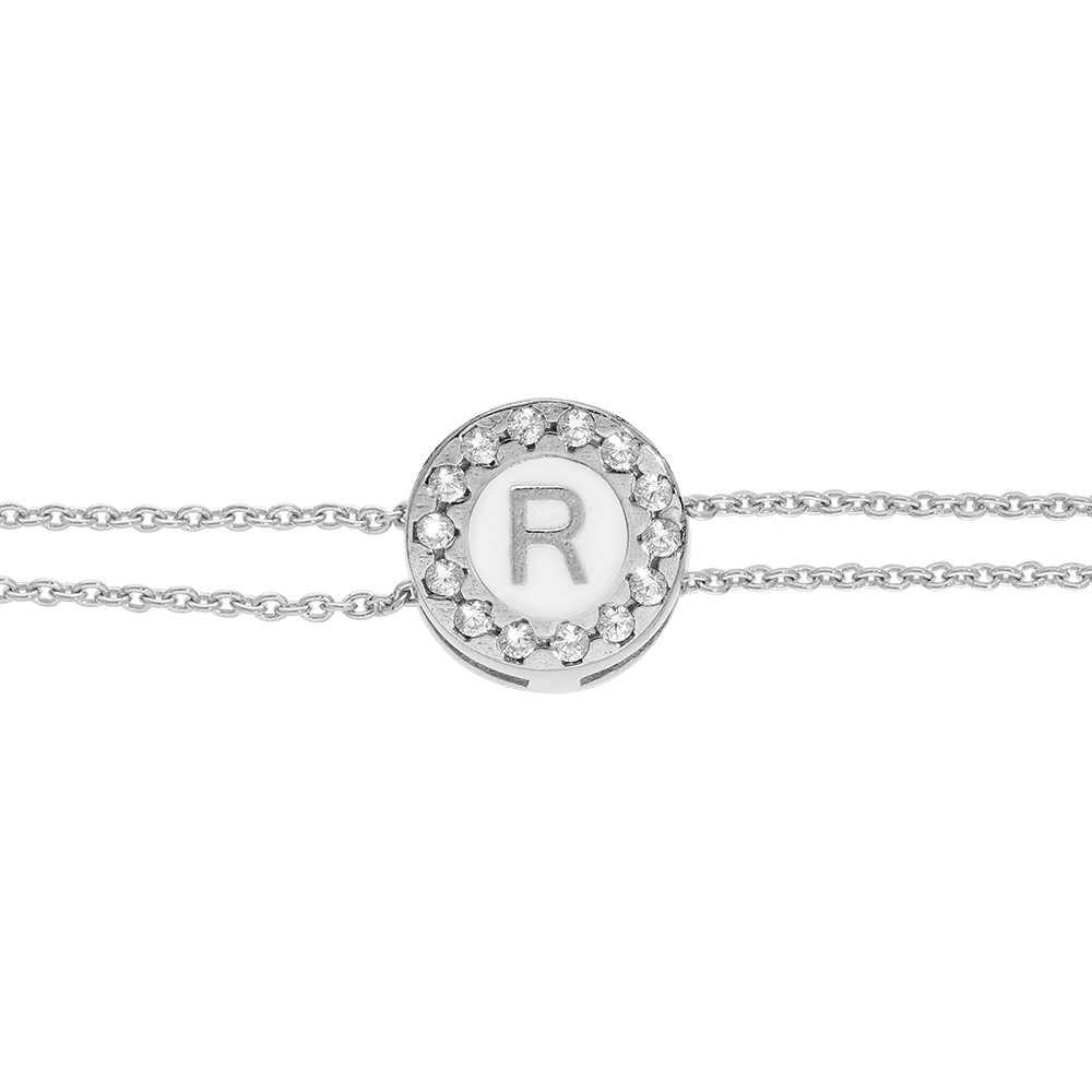 Bracelet en argent rhodi� double cha�ne pastille ronde recto initiale R verso noir avec contour oxydes blancs sertis 16+3cm - Vue 1