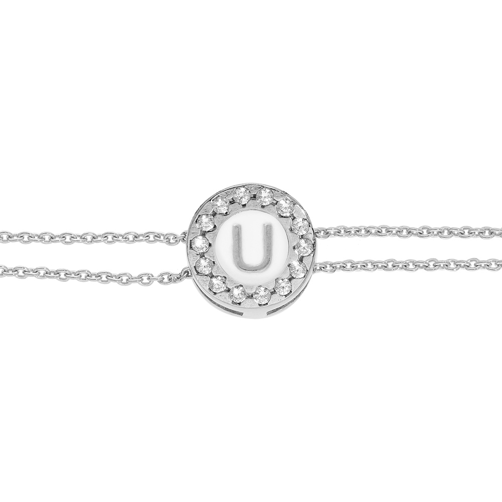 Bracelet en argent rhodi� double cha�ne pastille ronde recto initiale U verso noir avec contour oxydes blancs sertis 16+3cm - Vue 1