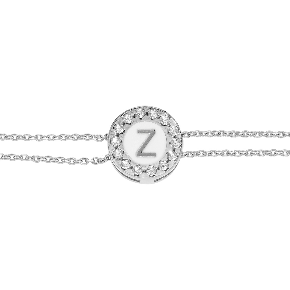Bracelet en argent rhodi� double cha�ne pastille ronde recto initiale Z verso noir avec contour oxydes blancs sertis 16+3cm - Vue 1