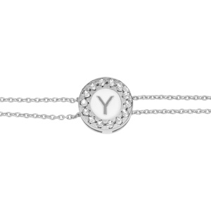 Bracelet en argent rhodi double chane pastille ronde recto initiale Y verso noir avec contour oxydes blancs sertis 16+3cm - Vue 1