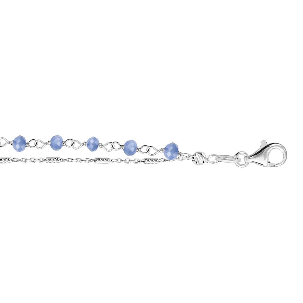 Bracelet en argent rhodi� double cha�ne perles bleues 16cm + 3cm - Vue 1