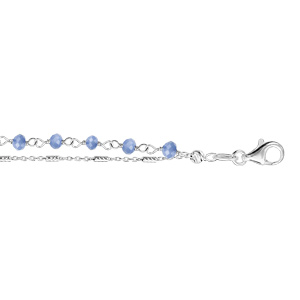 Bracelet en argent rhodi double chane perles bleues 16cm + 3cm - Vue 1