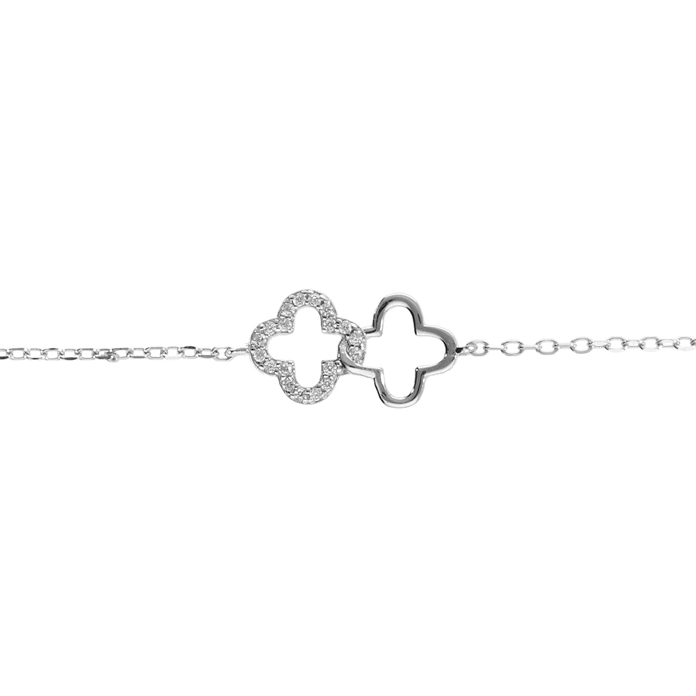 Bracelet en argent rhodi� double fleur d\'oyydes blancs sertis - 16+2cm - Vue 1