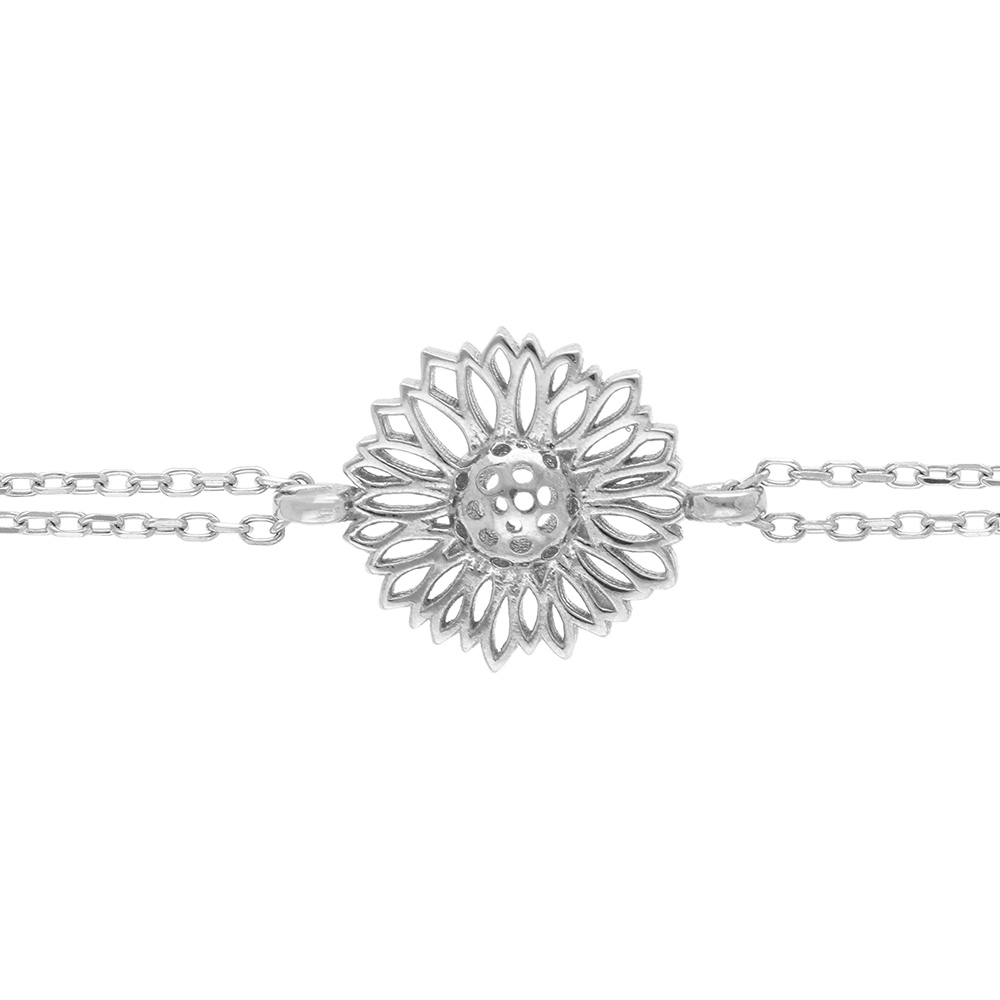 Bracelet en argent rhodi� double rang avec fleur de tournesol - 15+4cm - Vue 1
