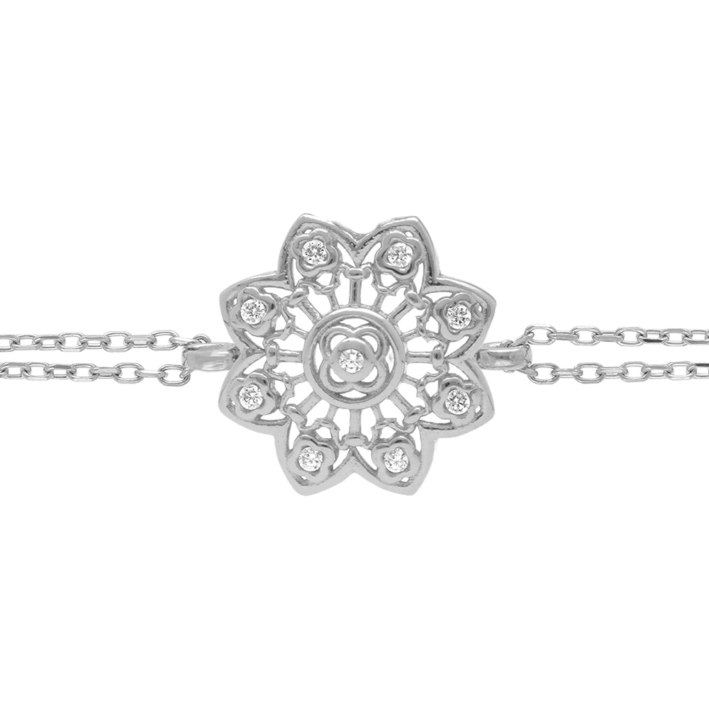 Bracelet en argent rhodi� double rang avec fleur filigrane orn�e d\'oxydes blancs sertis - 15+4cm - Vue 1