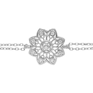 Bracelet en argent rhodi� double rang avec fleur filigrane orn�e d'oxydes blancs sertis - 15+4cm