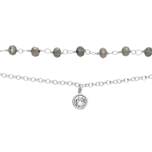 Bracelet en argent rhodi double rang pierres facetes grises et chane avec pampille oxyde blanc serti 15+3cm - Vue 1
