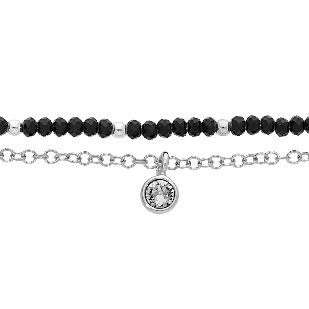Bracelet en argent rhodi� double rang pierres facet�es noires et pampille oxyde blanc serti 15+3cm - Vue 1