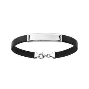 Bracelet en argent rhodié et cuir noir avec plaque d\'identité 20cm - Vue 1