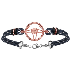 Bracelet en argent rhodié et dorure rose cordon doublé bleu foncé finement moucheté gris avec volant de voiture au milieu - longueur 18cm + 4cm de rallonge - Vue 1