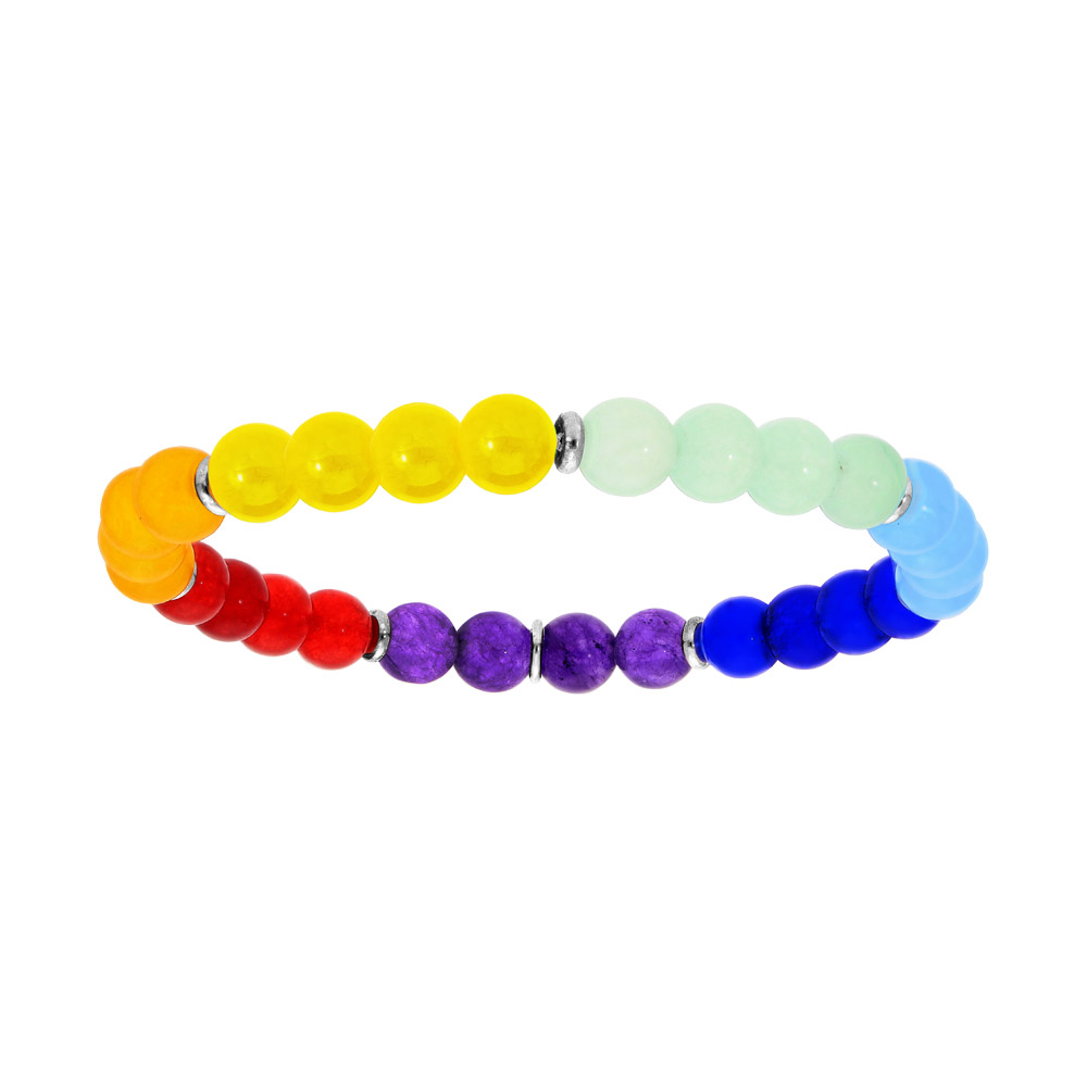Bracelet en argent rhodi� extensible avec boules en pierre jad�ite couleur chakra 6mm - Vue 1