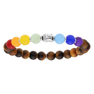 Bracelet en argent rhodié extensible avec boules en pierres oeil de tigre et jadéite multi couleur et tête de Bouddha - Vue 1