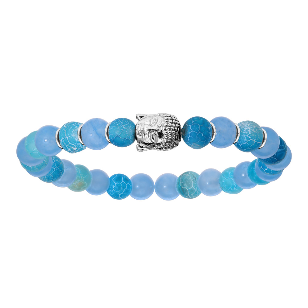 Bracelet en argent rhodi� extensible avec boules quartz bleu clair et t�te de Bouddha - Vue 1