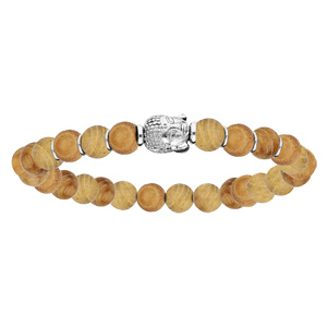 Bracelet en argent rhodi extensible avec perles de bois clair et tte de Bouddha - Vue 1