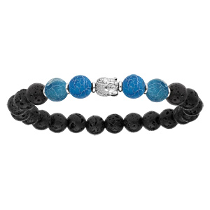 Bracelet en argent rhodié extensible avec pierres de lave, boules de quartz bleu clair et tête de Bouddha - Vue 1