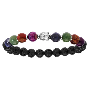 Bracelet en argent rhodi extensible avec pierres de lave, boules de quartz multicouleur et tte de Bouddha - Vue 1