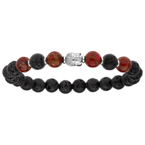 Bracelet en argent rhodi extensible avec pierres de lave, boules de quartz rouge et tte de Bouddha - Vue 1