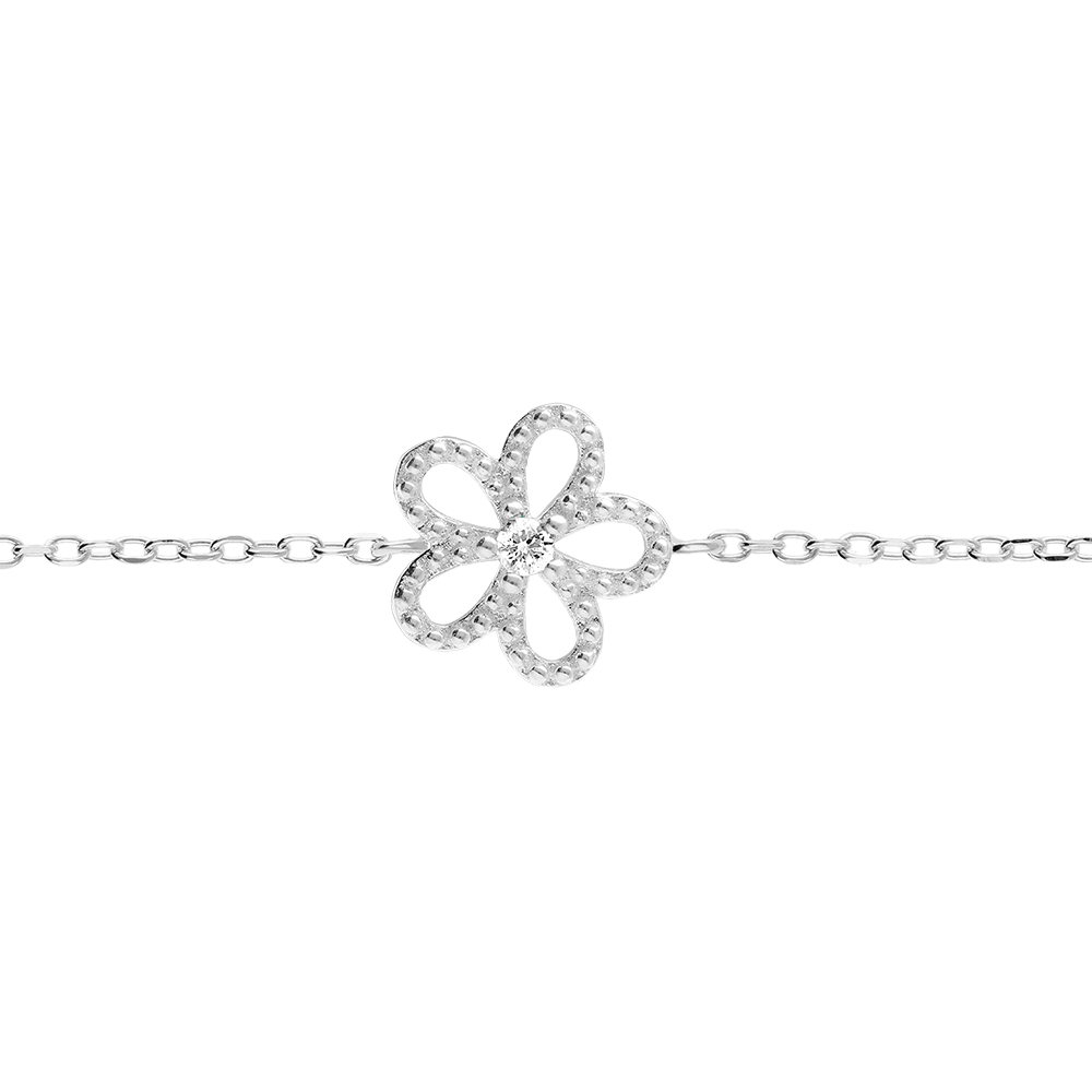 Bracelet en argent rhodi� fleur ajour�e par�e d\'oxyde blanc -15+3cm - Vue 1