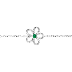 Bracelet en argent rhodi fleur ajoure pare d'oxyde vert -15+3cm