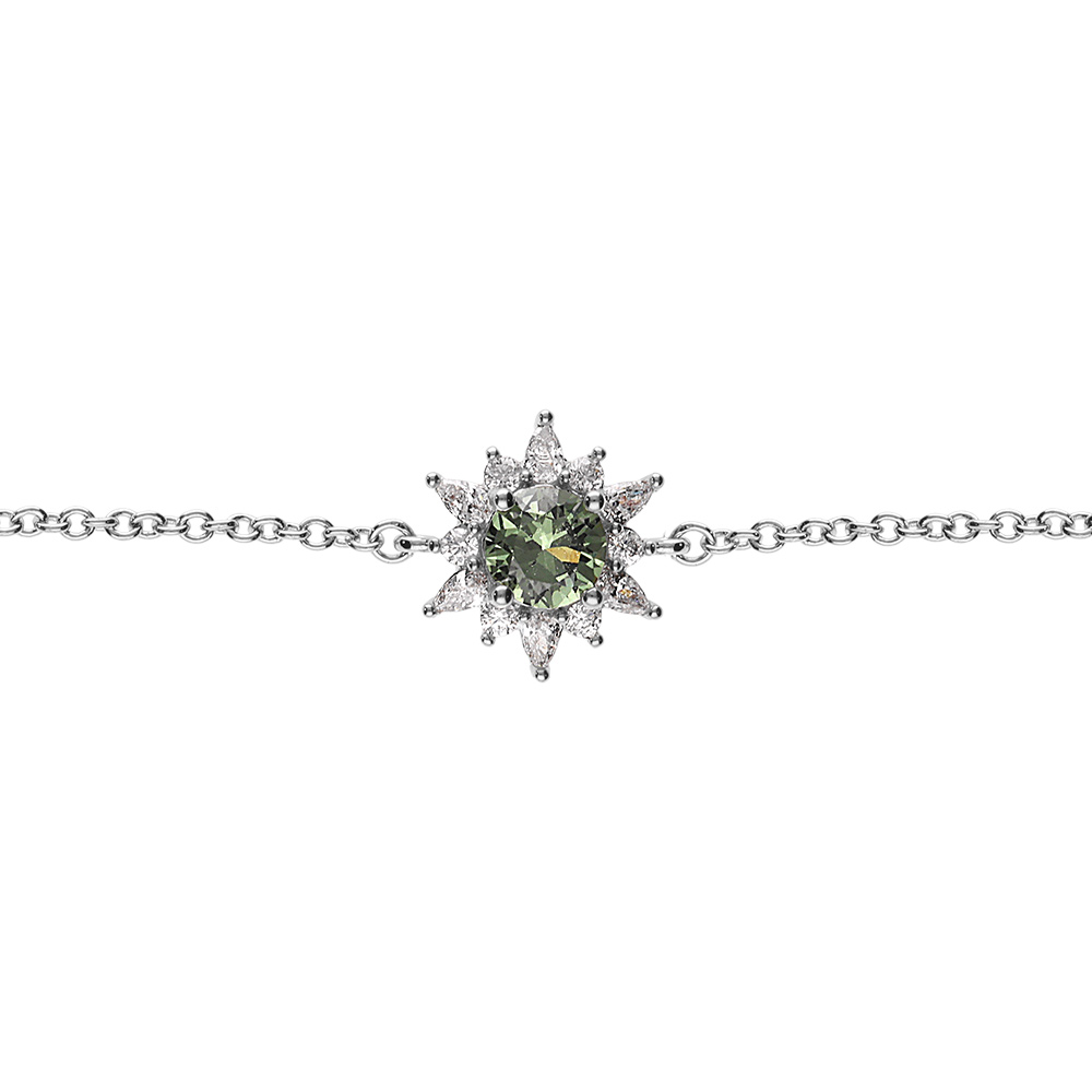 Bracelet en argent rhodi� fleur oxyde vert et contour oxydes blancs 16+2cm - Vue 1