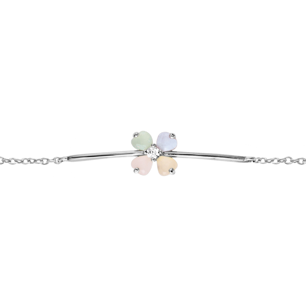 Bracelet en argent rhodi� forme cha�ne avec fleur en verre opaque pastel 16+2cm - Vue 1