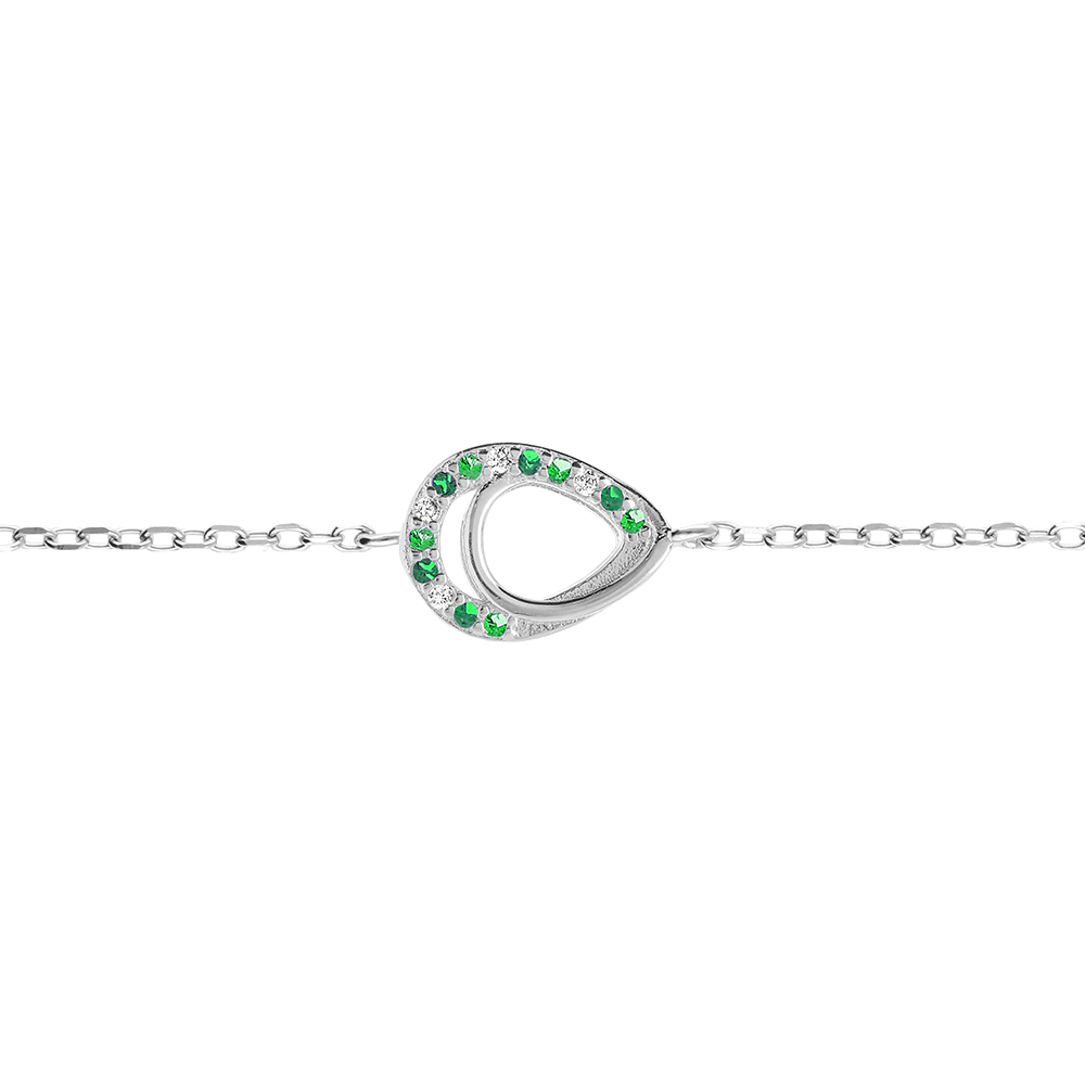 Bracelet en argent rhodi� goutte avec oxydes verts et blancs sertis - 15+3cm - Vue 1