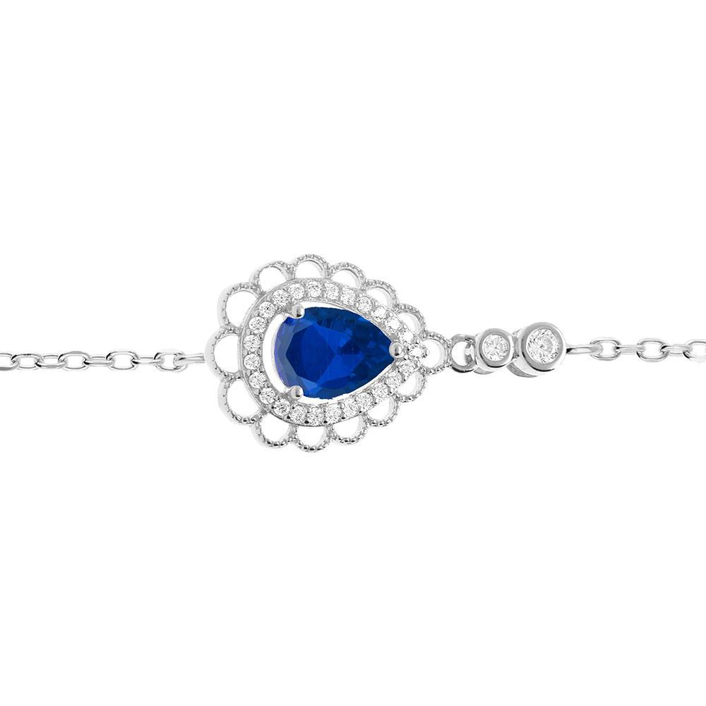 Bracelet en  argent rhodi� goutte oxyde bleu serti contour oxydes blancs sertis et dentell� - 15+3cm - Vue 1