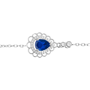 Bracelet en  argent rhodi� goutte oxyde bleu serti contour oxydes blancs sertis et dentell� - 15+3cm