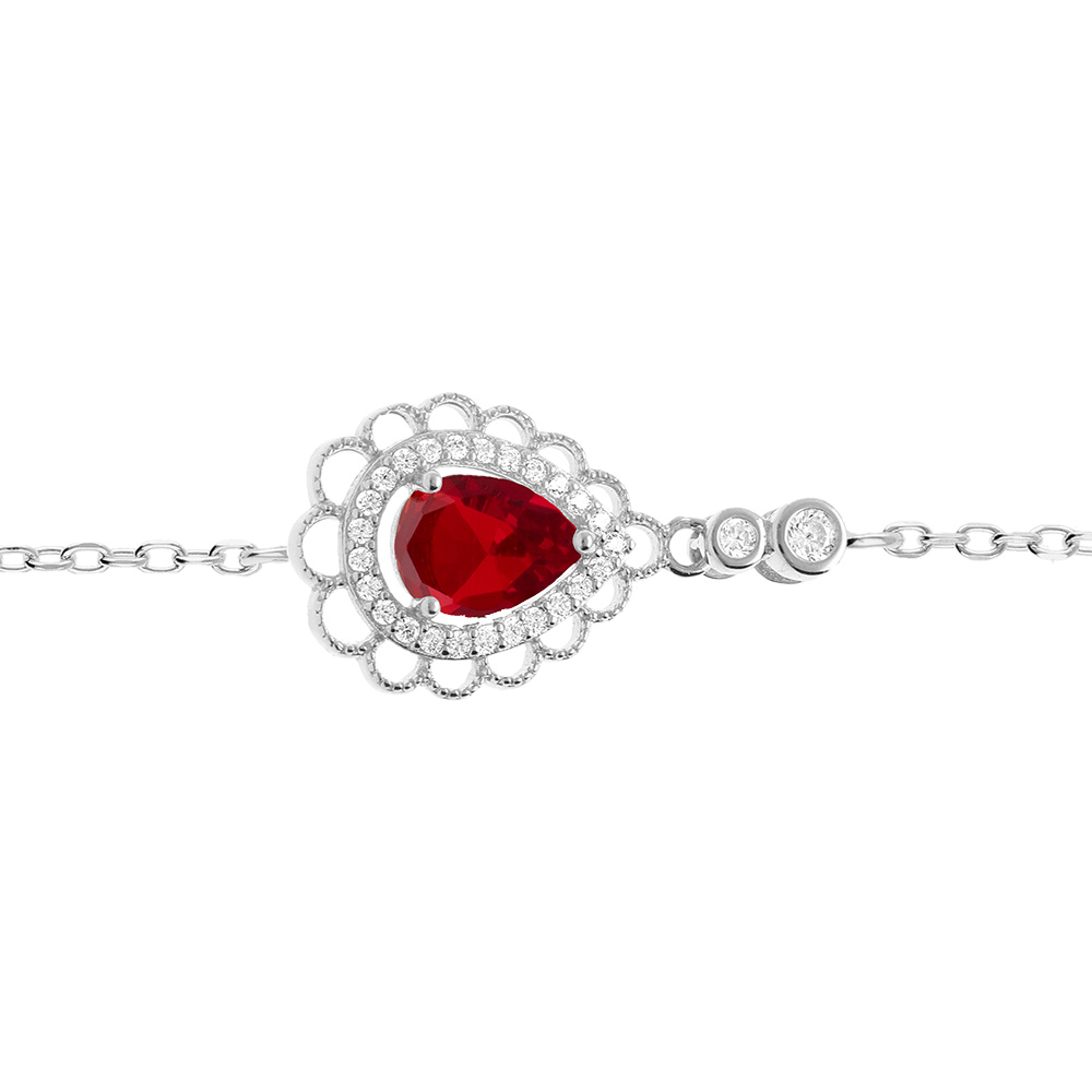 Bracelet en argent rhodi� goutte oxyde rouge serti contour oxydes blancs sertis et dentell� -15+3cm - Vue 1