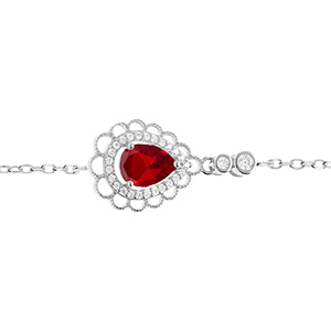 Bracelet en argent rhodi� goutte oxyde rouge serti contour oxydes blancs sertis et dentell� -15+3cm