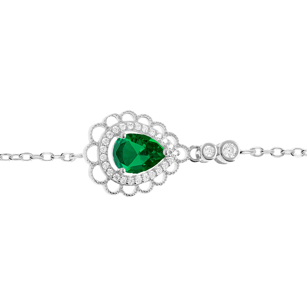 Bracelet en argent rhodi� goutte oxyde vert serti contour oxydes blancs sertis et dentell� - 15+3cm - Vue 1