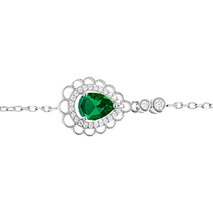 Bracelet en argent rhodi� goutte oxyde vert serti contour oxydes blancs sertis et dentell� - 15+3cm
