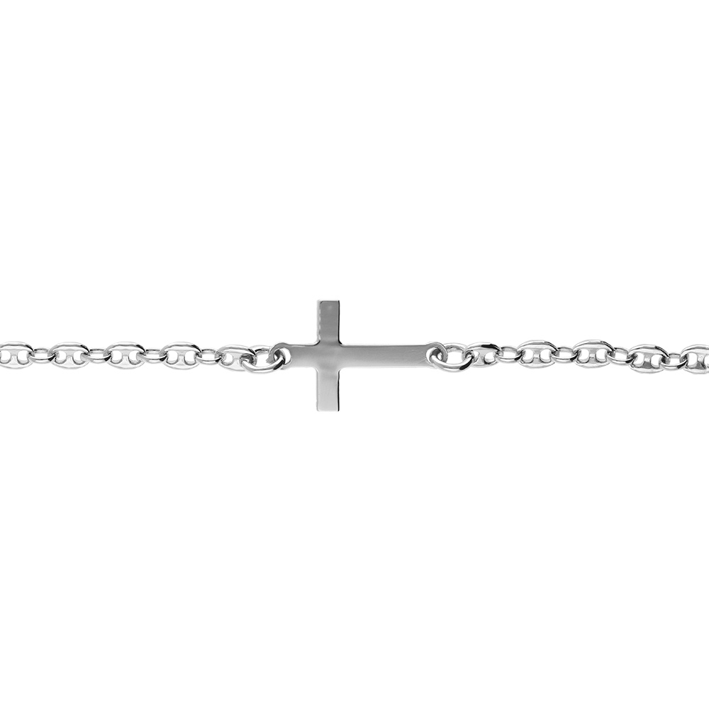 Bracelet en argent rhodi grain de caf avec croix plate lisse  - 17cm - Vue 1