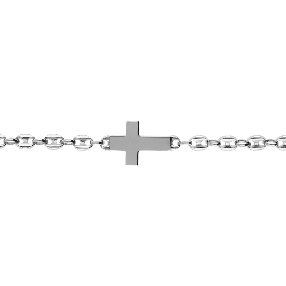 Bracelet en argent rhodi� grain de caf� avec croix plate lisse - 19cm - Vue 1