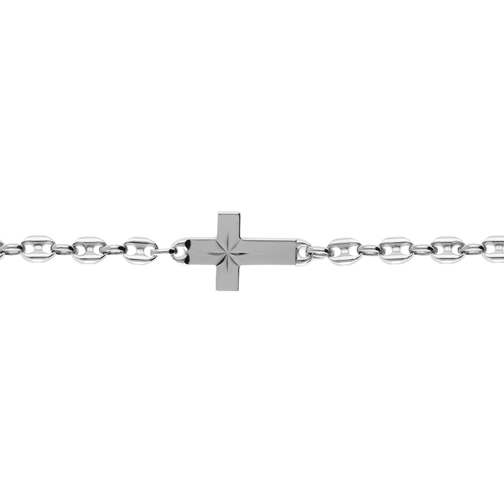 Bracelet en argent rhodi grain de caf avec croix plate lisse diamante etoile  - 19cm - Vue 1