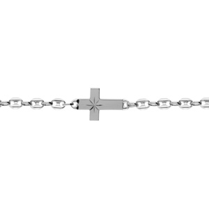 Bracelet en argent rhodié grain de café avec croix plate lisse diamantée etoilée - 19cm - Vue 1