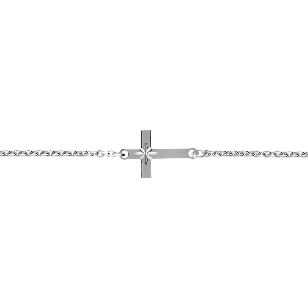 Bracelet en argent rhodi� maille forcat avec croix plate lisse diamant� etoil�e  - 18cm - Vue 1