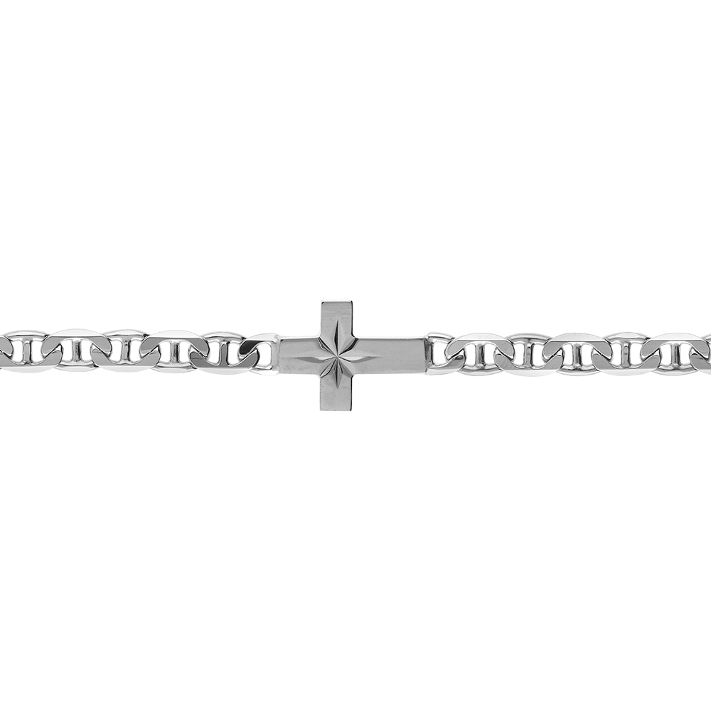 Bracelet en argent rhodi� maille marine avec croix plate lisse diamant�e etoil�e  - 19cm - Vue 1