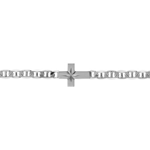 Bracelet en argent rhodié maille marine avec croix plate lisse diamantée etoilée - 19cm - Vue 1